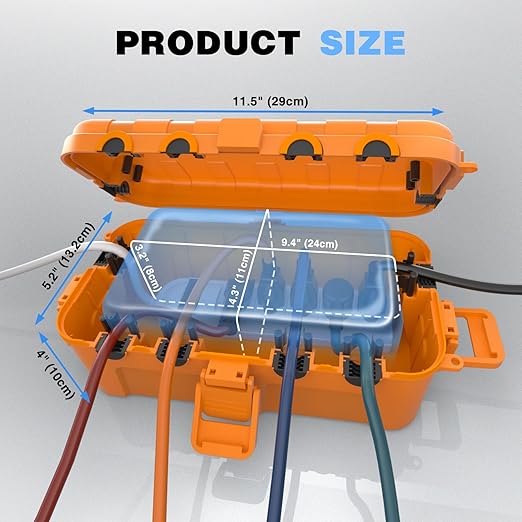 Flemoon Medium Outdoor Electrical Box (11.5x5.2x4 inch), IP54 Waterproof Extension Cord Cover w/6 Cable Entry Ports, Weatherproof Connection Box for Power Strip, Timer, Holiday Lights, Orange