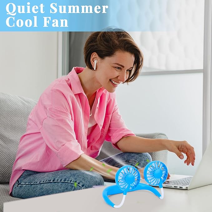 Portable Neck Fan Rechargeable Personal Hand-Free Fan Mini USB Wearable Neckband Sport Fan, 3 Speed Adjustable, 360 Degrees Free Rotation Perfect for Working, Traveling, Office, Reading (Blue)
