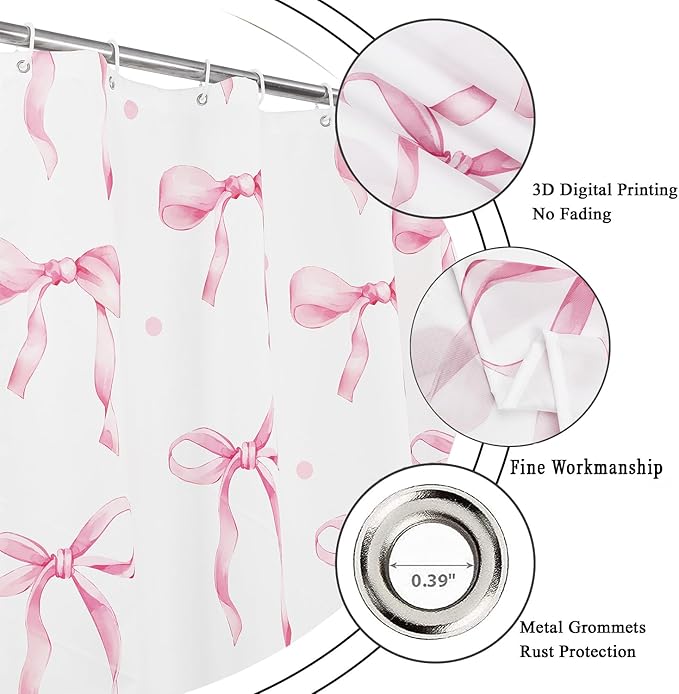 Pink Bow Shower Curtain, Pink and White Modern Aesthetic Bowknot with Polka Dot Cute Girly Bathroom Curtain Waterproof Fabric Machine Washable with Hooks, 72" Wx96 L