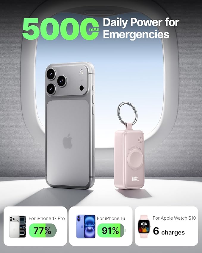 INIU 3-in-1 Portable Charger, 5000mAh Power Bank with Watch Charger & Built-in Cable, Compact 20W Fast Charging Battery Pack, Key Chain & Travel Essential for iPhone 16 15, Apple Watch, AirPods, etc