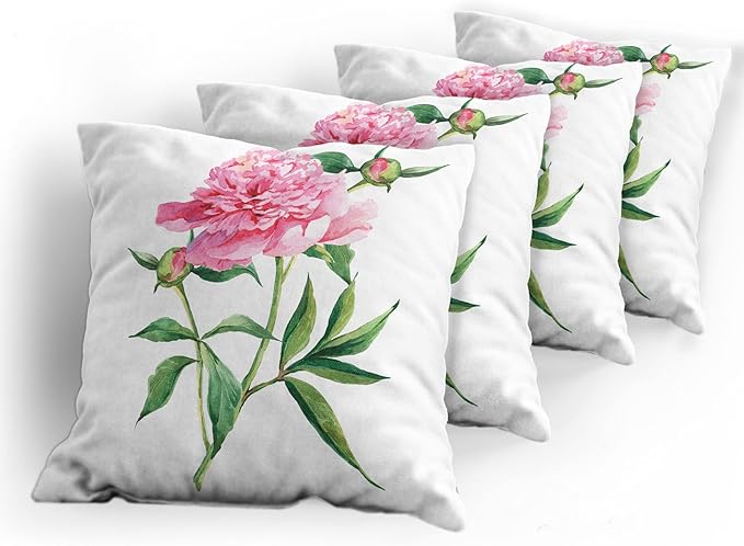 Ambesonne Watercolor Flower Throw Pillow Cushion Case Pack of 4, Vintage Peony Painting Botanical Spring Garden Flower Nature Theme, Modern Accent Double-Sided Digital Printing, 24", White Pink