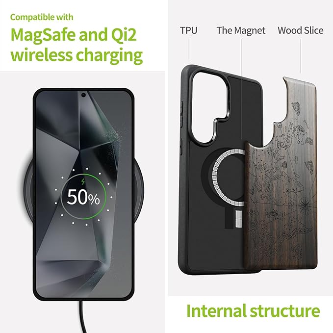 Carveit Magnetic Wooden Case for Samsung Galaxy S26 Ultra Case 2026, TPU Shockproof Cover & Wood Artisan Engraved, Compatible with MagSafe Wireless Chargers (World Map) Blackwood