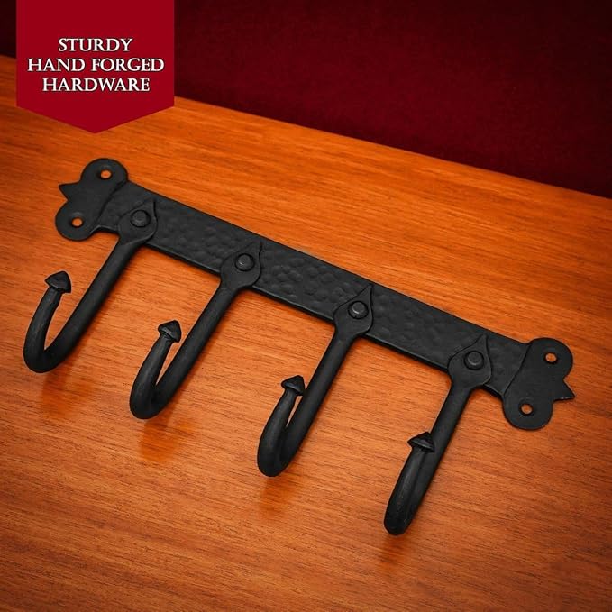 Mystic Colonial Medieval Rustic Hand-Forged Iron Wall Mounted Coat Rack (1 Pc, 4 Hooks) (5 in x 11 in) | Vintage Black Finish Heavy-Duty Utility Hanger for Coats, Towels, Keys & Bags
