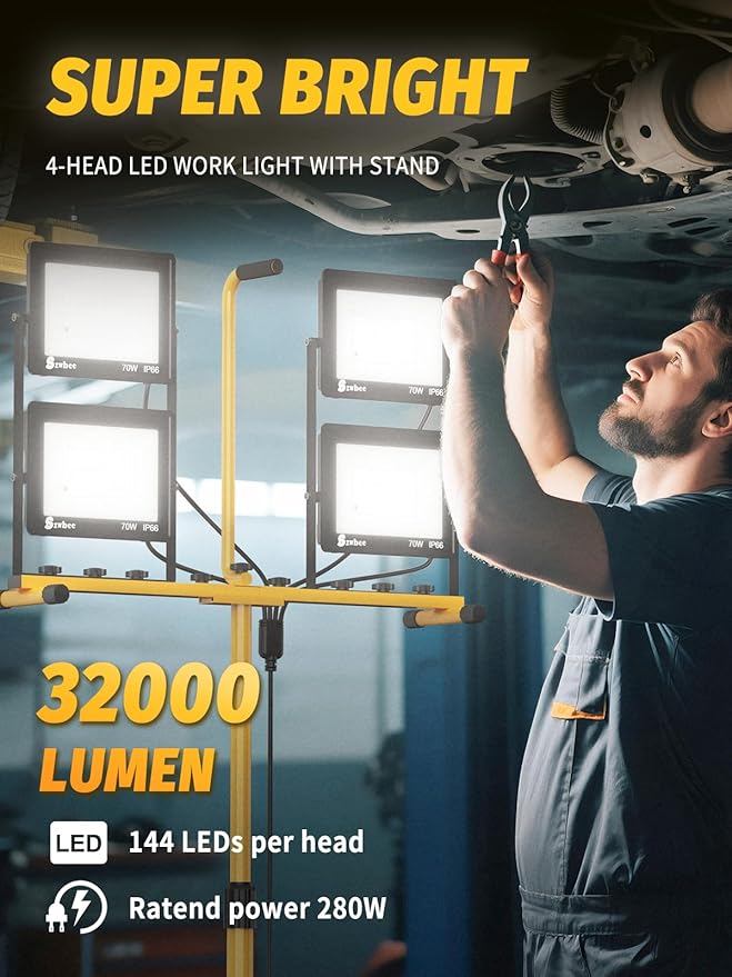32000 Lumen LED Work Light with Stand & Remote, 4-Head 280W Portable Tripod Light with 16.5FT Cord, 3000K–6000K Adjustable, Waterproof Light for Indoor & Outdoor Job Site Workshop Construction