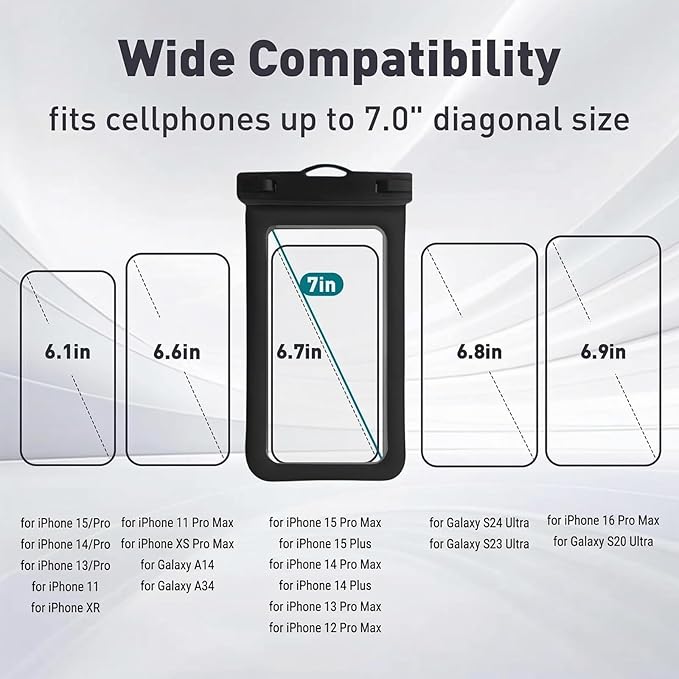 Floatable Waterproof Phone Pouch Case 2 Pax for iPhone 17 16 Pro Max/15/14/13/12, IP68 Travel Cellphone Dry Bag Beach Cruise Ship Essentials Bags with Crossbody Lanyard,Black and White-7″