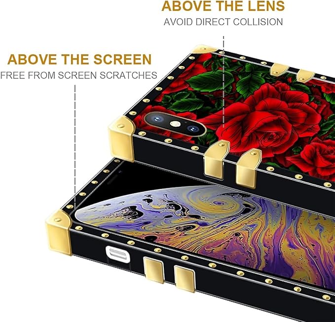 Compatible with iPhone XR Case, Vector Red Rose Green Leaf Luxury Golden Decoration for Girl Women Soft TPU Shockproof Protective Hard PC Back for iPhone XR