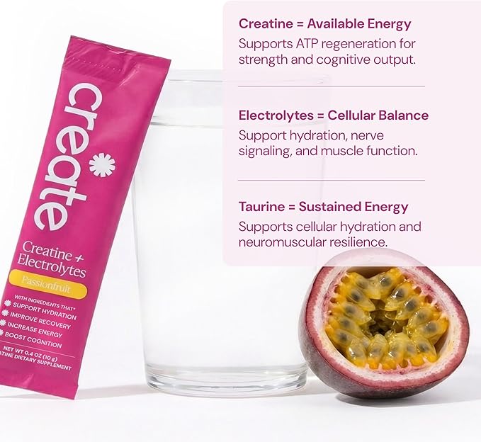 Create Creatine + Electrolytes Mix - Creatine Monohydrate Stick Packs, Supports Energy and Hydration, NSF Certified for Sport, 30 Count, Passion Fruit