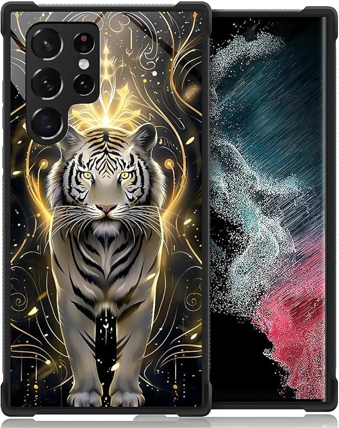 for Samsung Galaxy S22 Ultra Case, White Tiger Golden Mystery Pattern Graphic Design Girl Boy Soft Silicone Hard Acrylic Shock Protection for Samsung Galaxy S22 Ultra
