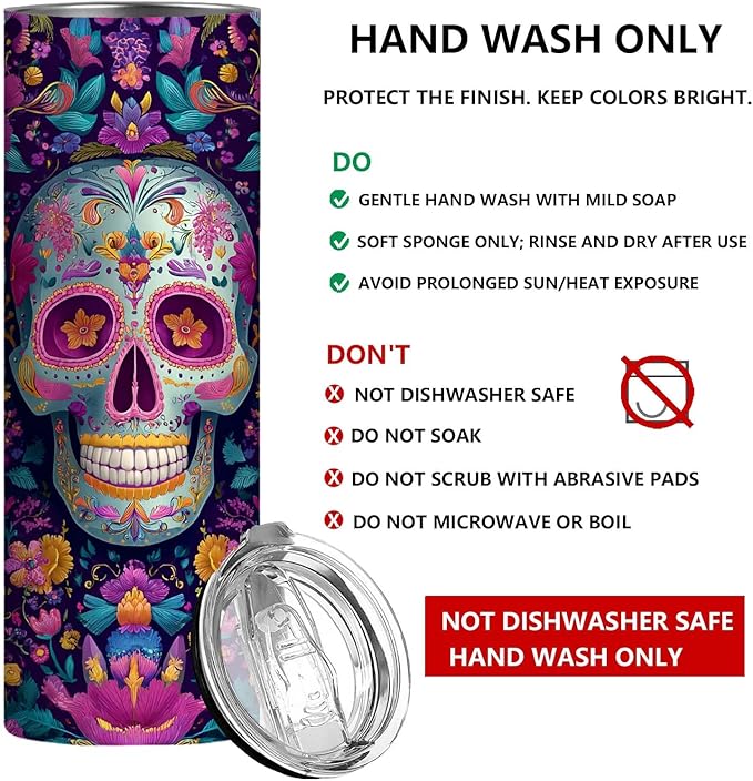 Firmiso 20 oz Tumbler | Skinny Insulated Travel Mug with Leak-proof Lid and Straw | Sugar Skull Floral Stainless Steel Coffee Cup for Hot & Cold Drinks | Day of the Dead Gifts for Women & Men