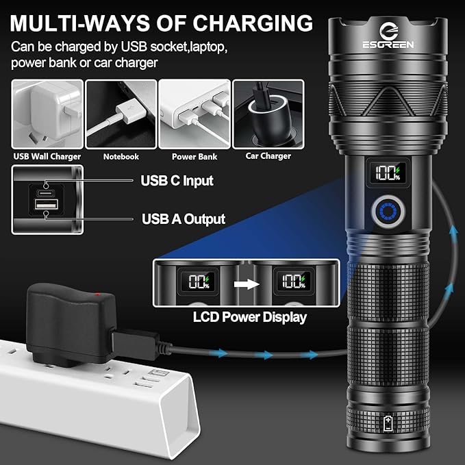 Rechargeable Flashlights 100000 High Lumens, Long Range 5000ft, Super Bright LED Flashlight USB C, High Powerd Multi-functional Heavy Duty Strong Flash Light High Beam, For Emergency Home Camping