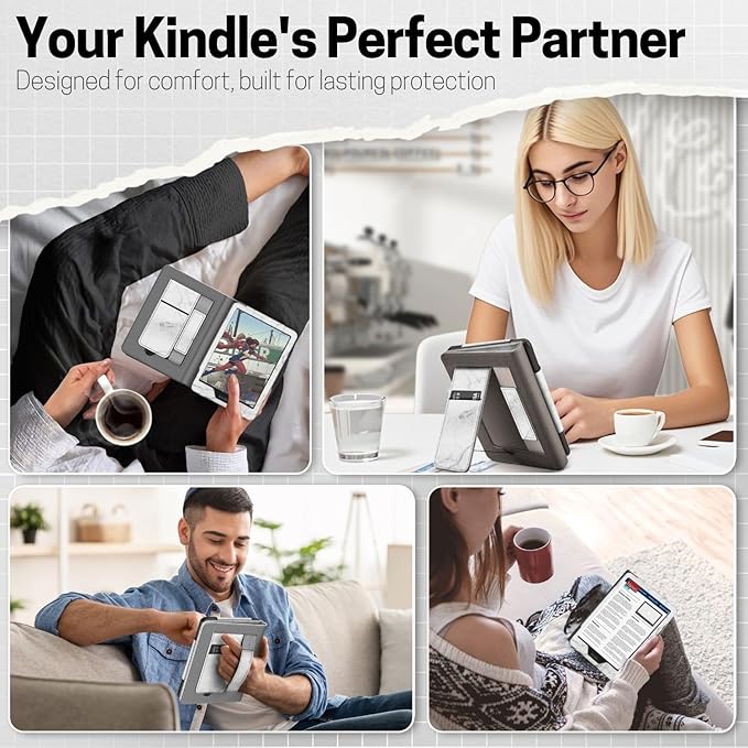 TNP Stand Case with Strap for Kindle Paperwhite 12th Gen 2024 / Kindle Colorsoft Signature Edition - 7" PU Leather Protective Folio Cover with Auto Wake/Sleep & Card Slot, Marble White