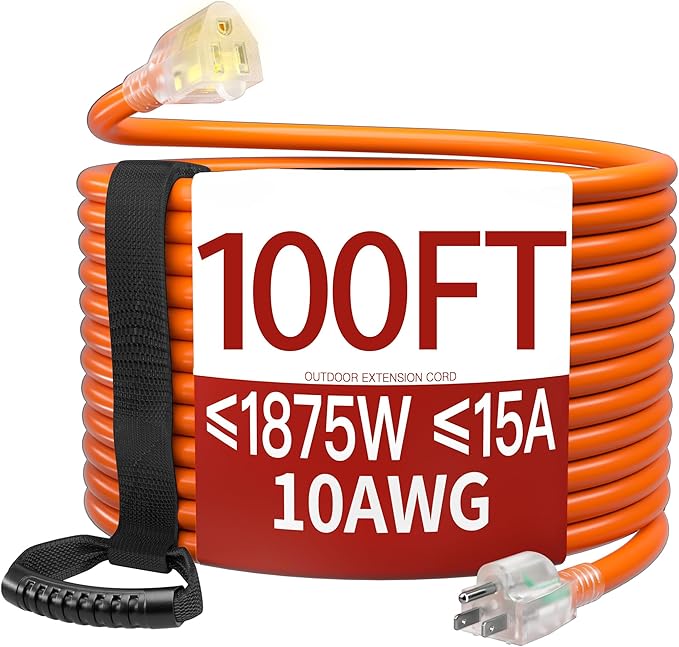 100 FT 10 Gauge Extension Cord Outdoor, Heavy Duty Weatherproof & Flame Retardant Orange 3 Prong Power Cord with Light, Outside for Lawn & Garden, 15 Amps 1875 Watts 125 VAC 10AWG SJTW, ETL Listed