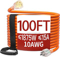100 FT 10 Gauge Extension Cord Outdoor, Heavy Duty Weatherproof & Flame Retardant Orange 3 Prong Power Cord with Light, Outside for Lawn & Garden, 15 Amps 1875 Watts 125 VAC 10AWG SJTW, ETL Listed