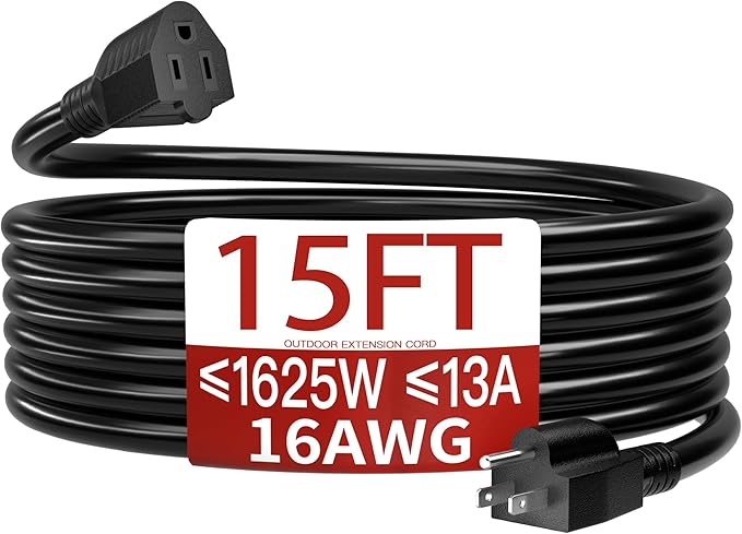 Skrizcable 16/3 13A 125V 1625W 15 FT Outdoor Extension Cord Waterproof, Weatherproof & Flame Retardant Black 3 Prong Power Cord Outside for Lawn & Garden,125 VAC 16AWG SJTW, ETL Listed