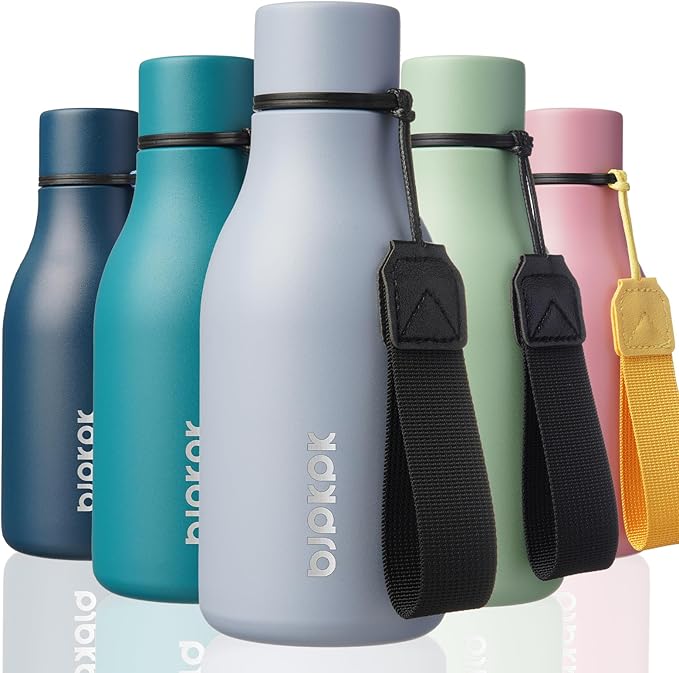 BJPKPK Insulated Water Bottles, 12oz Stainless Steel Metal Water Bottle with Strap, BPA Free Leak Proof Jugs, Mugs, Flasks, Reusable Thermal Flasks for Sports & Travel, Mist Grey