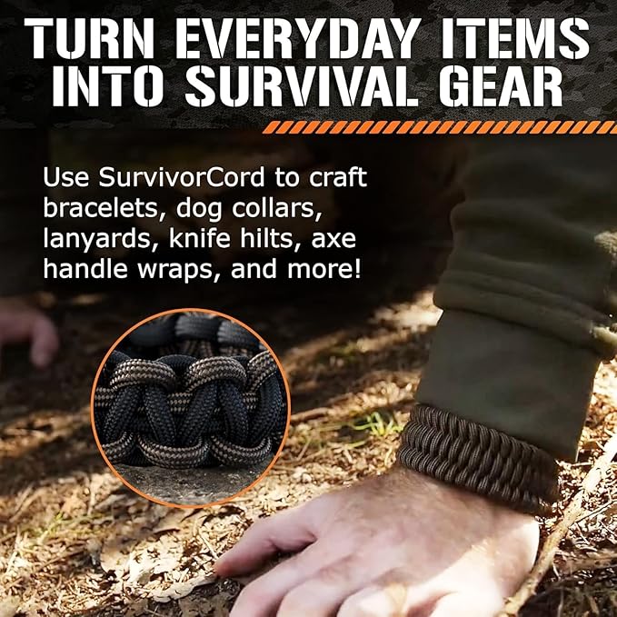 Titan Survival Patented Paracord 550-25ft, 100ft, 500ft & Color Options - 620LB Strength Survival Paracord Military Spec with 3 Strands - Heavy Duty Hank Cord for Camping & Outdoors with Firestarter