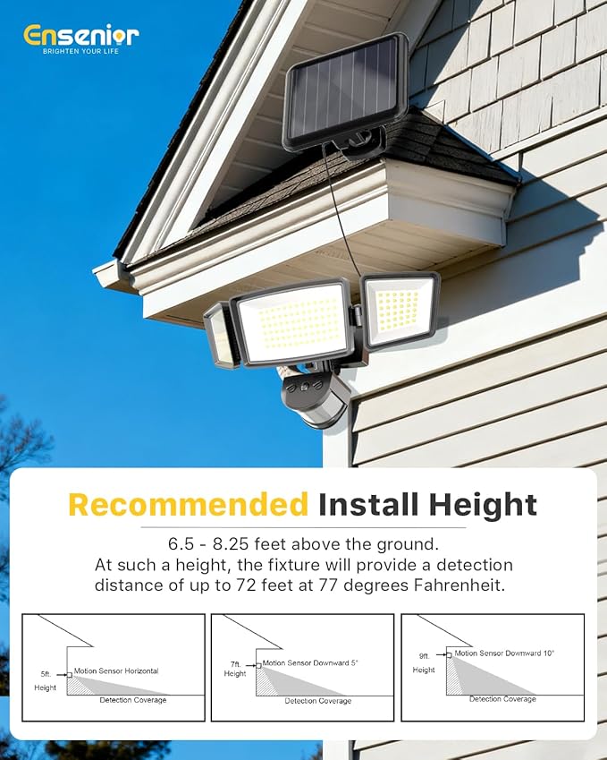 Ensenior 5 Motion Sensor Modes Solar Security Light, 1800LM 270° Wide Angle 3 Heads LED Flood Lights, IP65 Waterproof Wall Lights, Separate Solar Panel Remote Control Solar Lights Outdoor