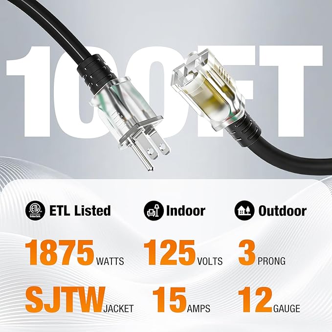 Outdoor Extension Cord 100 FT Waterproof, 12/3 Gauge Heavy Duty 3 Prong Power Cord with Lighted Indicator End, 15A 125V 1875W SJTW, ETL Listed, Great for Lawn/Garden/Home(Black)