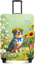 ANNA QUEEN Spring Cute Dog Travel Luggage Cover-Flower Stretchable Airplane Suitcase Protector Sleeve,Universal Washable Fit for 20-26 Inch Checked Baggage,Water Resistant Durable Luggage Protector