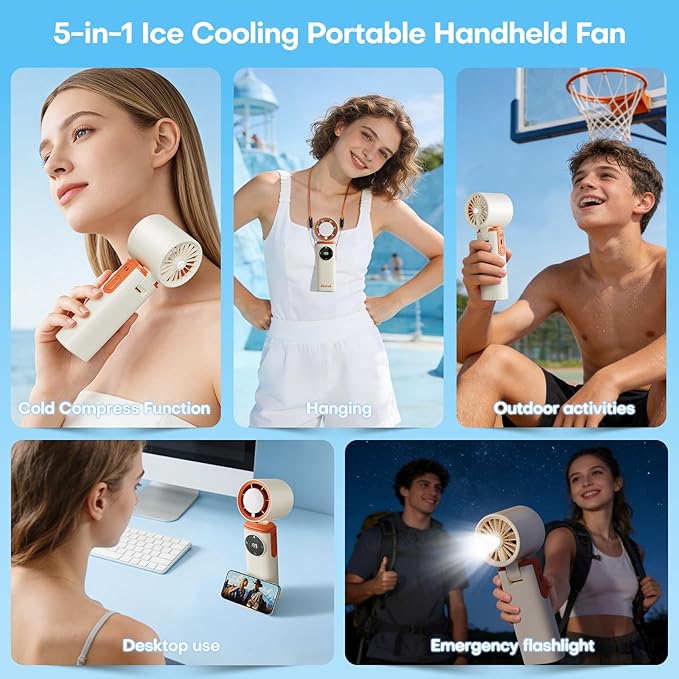 6000mAh Portable Handheld Fan with Ice Cooling, 199 Levels Stepless Speed, 20H Long Battery Life, 20000RPM Turbo Fan Rechargeable Personal Mini Fan for Travel, Outdoor, Makeup (White)