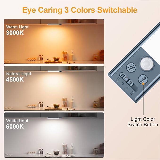 Gritin 10.2inch Under Cabinet Lighting Rechargeable 2 Pack- 3 Color Temps&5 Level Brightness, Super Bright, 4 Modes, Motion Sensor, Long Lasting-Easy Installation Magnetic Under Closet Lights-Sea Blue
