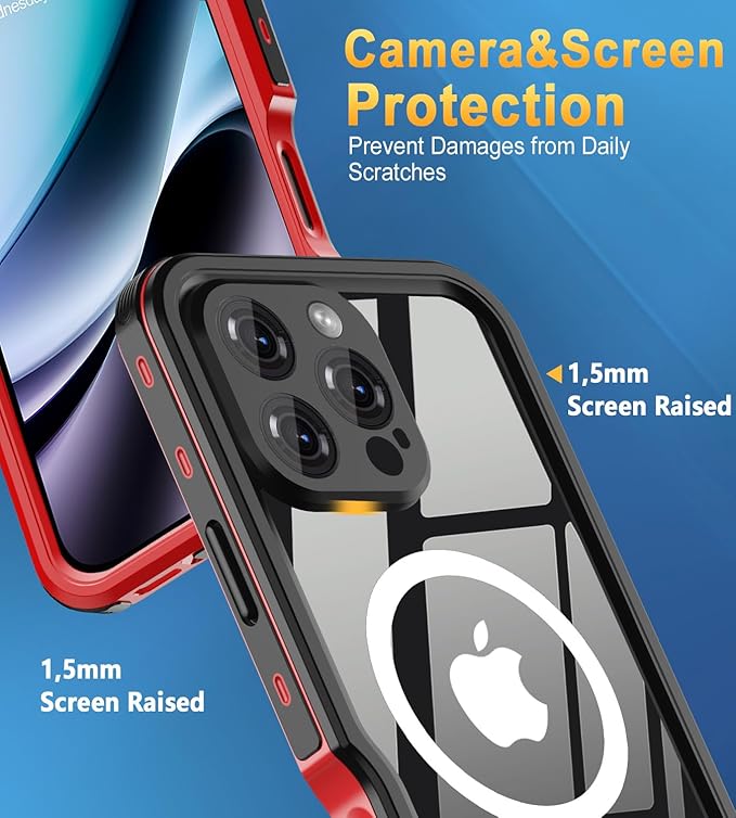 for iPhone 16 Pro Case Waterproof | Shockproof Dust Proof Phone Case Cover with Screen Protector - Red