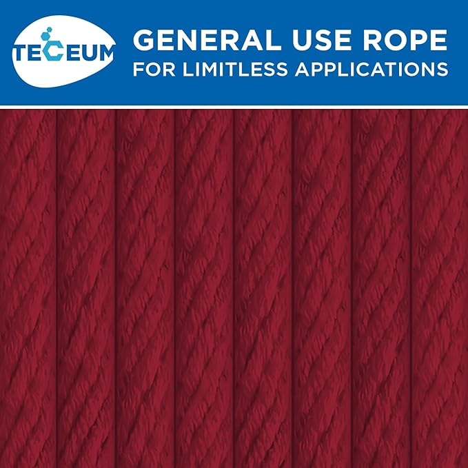TECEUM Cotton Rope 3/16” (5 mm) – 50 FT – Strong All-Purpose Braided Rope – Natural Cotton – for Crafting, Сamping, Clothes Line, DIY, Indoor & Outdoor Use – Crimson