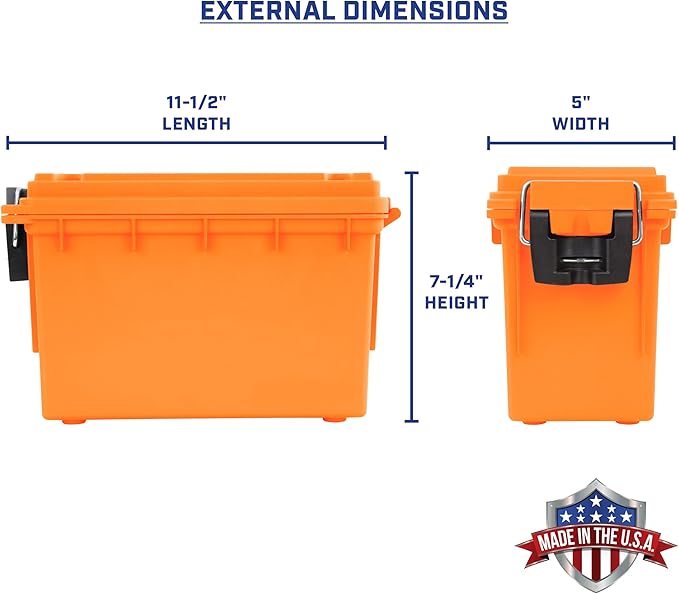 Sheffield 12630 Ammo Storage Box, Stackable .30 Cal Field Boxes, Water and Dust Resistant, Lockable Storage Box with Handle, Secures Hunting Gear, Supplies, and Bullets, Made in USA, Orange, 1-Pack