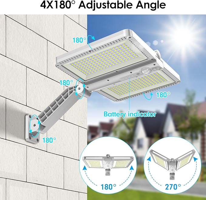 ropelux Solar Outdoor Lights, 6000LM Motion Sensor Outdoor Lights Double Big Solar Panels, IP65 Waterproof and 5 Modes, 218LEDs High Brightness Wider Illuminated Area Flood Lights for Street