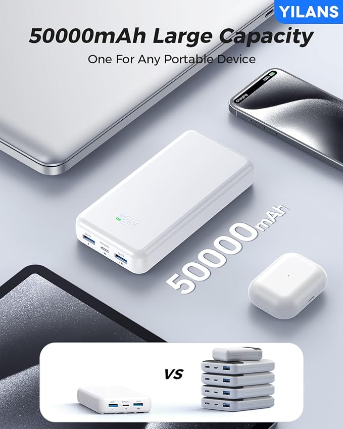 Portable Charger,50000mAh Power Bank Built-in Cable, 22.5W PD USB C In & Out Fast Charging, External Battery Pack with 6 Output & 2 Input, Travel Phone Charger for iPhone 17/16/15/14/13/12(White)