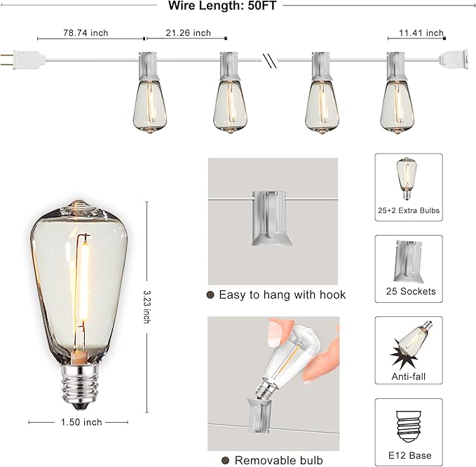 DAMAING Outdoor String Lights 50FT Waterproof,LED Patio Lights Dimmable with 27 Bright Shatterproof Retro Bulbs,Vintage Edison String Hanging Lights for Outside Bistro,Backyard,Balcony,White Cable