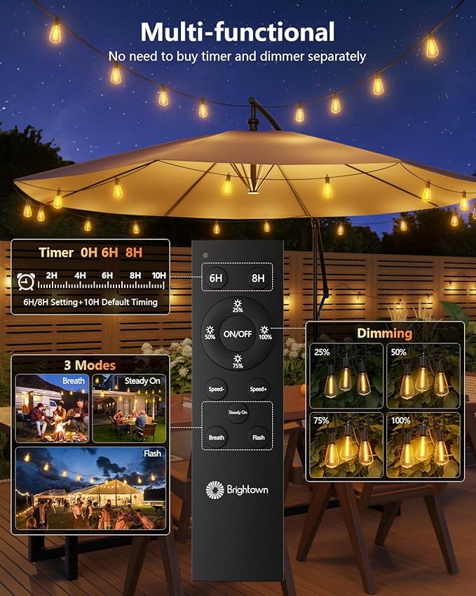 Brightown 175FT Solar String Lights Outdoor Waterproof with Remote, 56+2 LED Shatterproof Bulbs, Dimmable & Timable, 3 Light Modes - Commercial Grade Patio Lights for Garden Backyard Party Decor