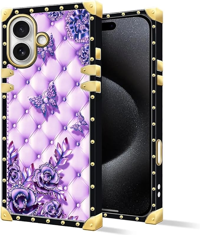 for iPhone 17 Case Luxury Golden Decoration for Girl Women Soft TPU Shockproof Protective Hard PC Back for iPhone 17 Crazy Pattern Purple Butterfly Flowers Leaf