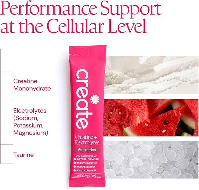 Create Creatine + Electrolytes Mix - Creatine Monohydrate Stick Packs, Supports Energy and Hydration, NSF Certified for Sport, 30 Count, Watermelon