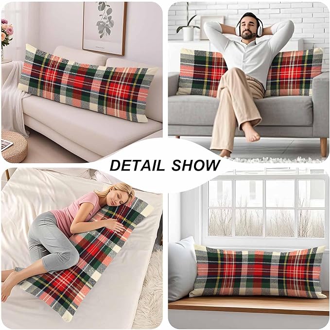 Plaid Decorative Body Pillowcase 20"X54", Scottish Tartan Buffalo Plaid Outdoor Body Pillow Covers Throw Pillow Cushion Covers Oversized Body Pillow Cases for Home Patio Office Red