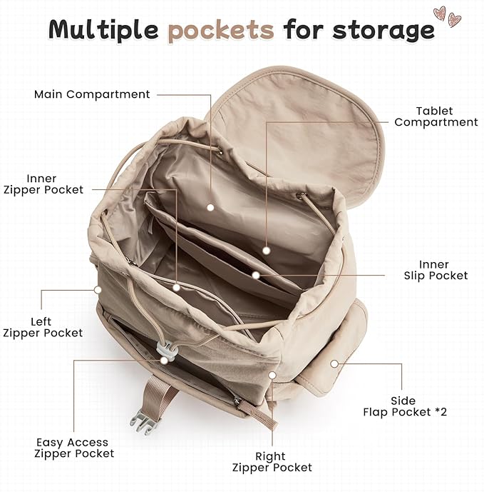 G4Free Small Backpack for Women, Nylon Casual Daypack for Work Travel Campus, Khaki