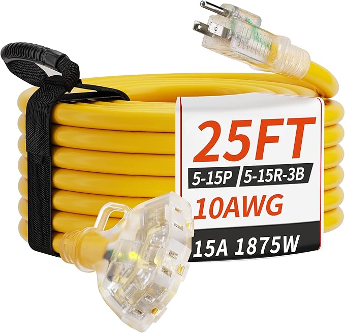 PlugSaf 25 FT 10 Gauge Outdoor Extension Cord with Multiple Outlets Light Indicator, Flexible 3 Outlet Weatherproof Heavy Duty Extension Cord Waterproof Yellow, 15A 1875W 10AWG SJTW, ETL Listed