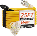 PlugSaf 25 FT 10 Gauge Outdoor Extension Cord with Multiple Outlets Light Indicator, Flexible 3 Outlet Weatherproof Heavy Duty Extension Cord Waterproof Yellow, 15A 1875W 10AWG SJTW, ETL Listed