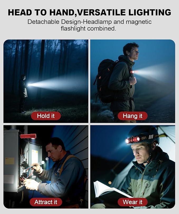 2 in 1 Detachable Flashlight & Headband, LED Rechargeable Headlamp for Adults - Hard Hat Light Running Head Lamp with Red Light, Magnet, 180° Tilt, 7 Modes, Outdoor, Emergency 1PC, Red