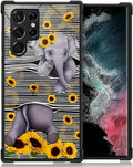 for Samsung Galaxy S22 Ultra Case, Cute Little Elephant Sunflower White Line Art Pattern Graphic Design Soft Silicone Hard Acrylic Shock Protection for Samsung Galaxy S22 Ultra