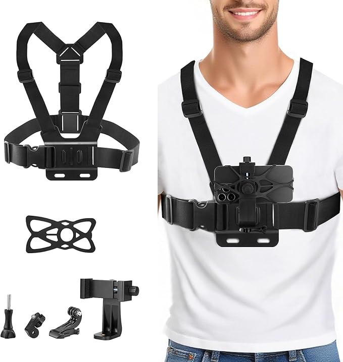 Chest Harness Head Strap Cell Phone Clip Kit for POV, VLOG, Compatible for iPhone, Samaung, GoPro Hero, Insta360, AKASO, DJI Osmo, SJCAM and Other Action Cameras