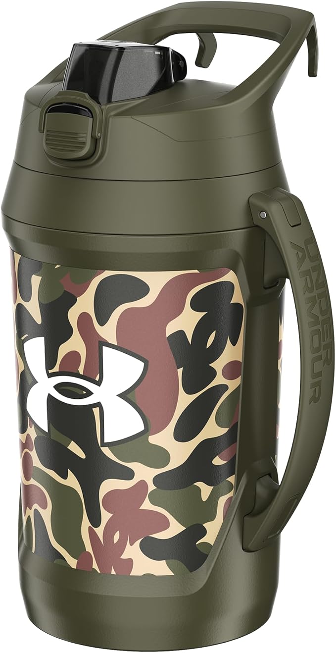 Under Armour Half Gallon Water Bottle Insulated, 64oz Insulated Water Bottle with Handle, Fence Hook, Leak Resistant, for Baseball, Football & More - Green Hyper Camo