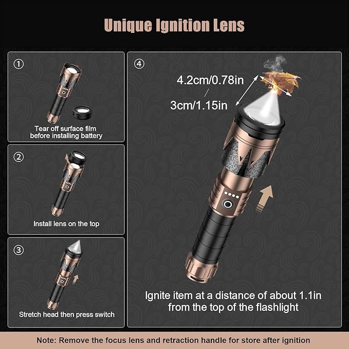SKYFIRE Rechargeable Tactical Flashlight with Ignition Lens,10000 Super Bright LED Flashlights High Lumens,Zoomable 6Modes Waterproof Camping Survival Gear for Outdoor Emergency,Fire Starter-Gift Box