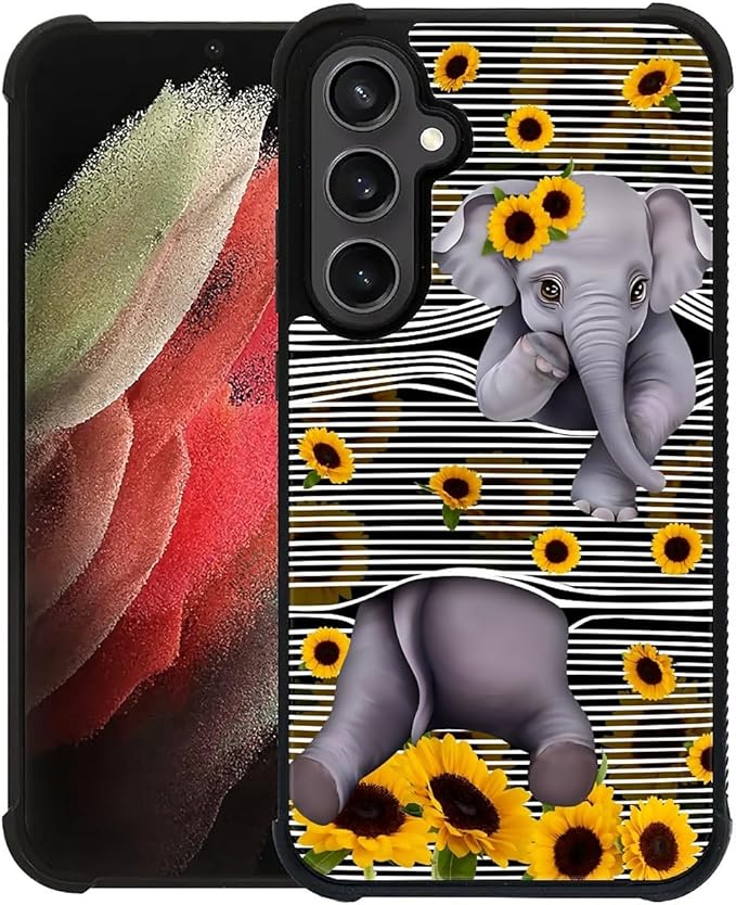 for Samsung Galaxy S23 FE Case, Cute Little Elephant Sunflower White Line Art Pattern Graphic Design Soft Silicone Hard Acrylic Shock Protection for Samsung Galaxy S23 FE