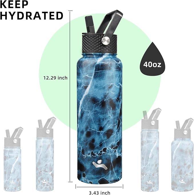 Konokyo 40oz Insulated Water Bottle Stainless Steel Sport Bottles with 3 Lids,Marble Ocean