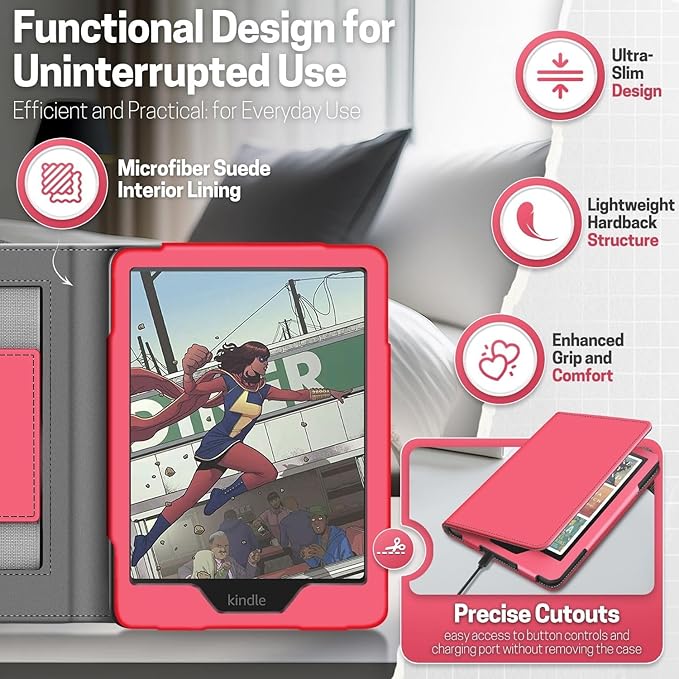 TNP Stand Case for Kindle Paperwhite 12th Generation 2024 / Kindle Colorsoft Signature Edition with Hand Strap & Card Slot - 7" PU Leather Protective Folio Cover with Auto Wake/Sleep, Light Pink