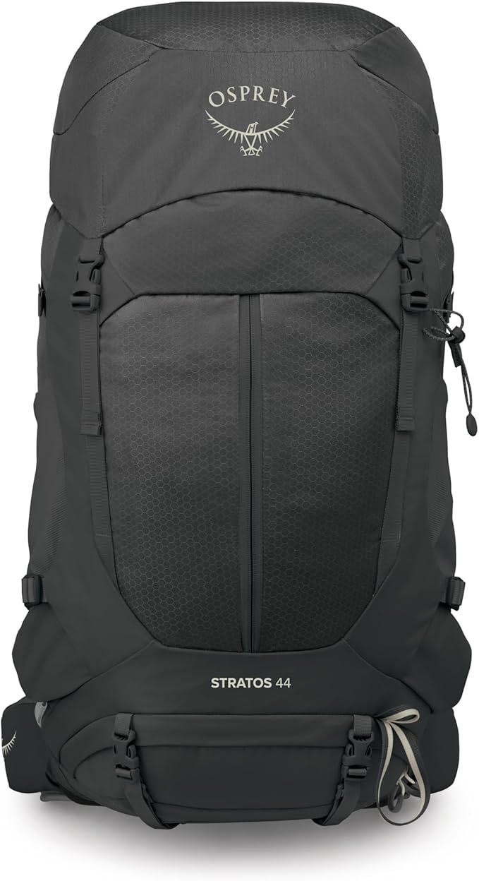 Osprey Stratos 44L Men's Hiking Backpack - Lightweight Backpacking Pack with Waterproof Raincover - Camping Bag, Raven Black