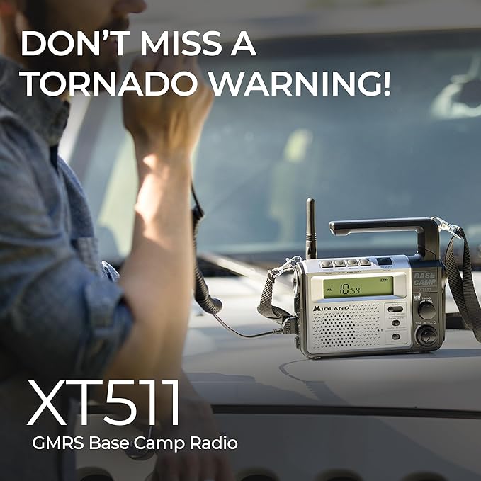 Midland® - XT511 - Emergency Radio - 22 Channel Two-Way Base Camp Radio with 5 Power Options, 121 Privacy Codes, 3-LED Flashlight & NOAA Weather Scan + Alert - Gray/Black