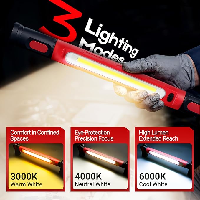 Work Light, 3000LM Ultra Bright LED Magnetic Light Bar, 5200mAh Cordless Rechargeable Work Lights with Hooks, Portable Under Hood Lights Machanic Tools for Car Repairing, Inspection, Garage, Emergency