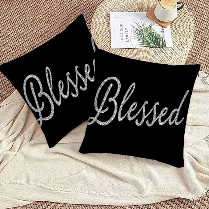 Bling Blessed White Throw Pillow Covers 18x18 Highlights Blessed Black Set of 2 Pillow Cases Square Velvet Outdoor Pillowcases Decorative for Home Bed Sofa Couch Hotel